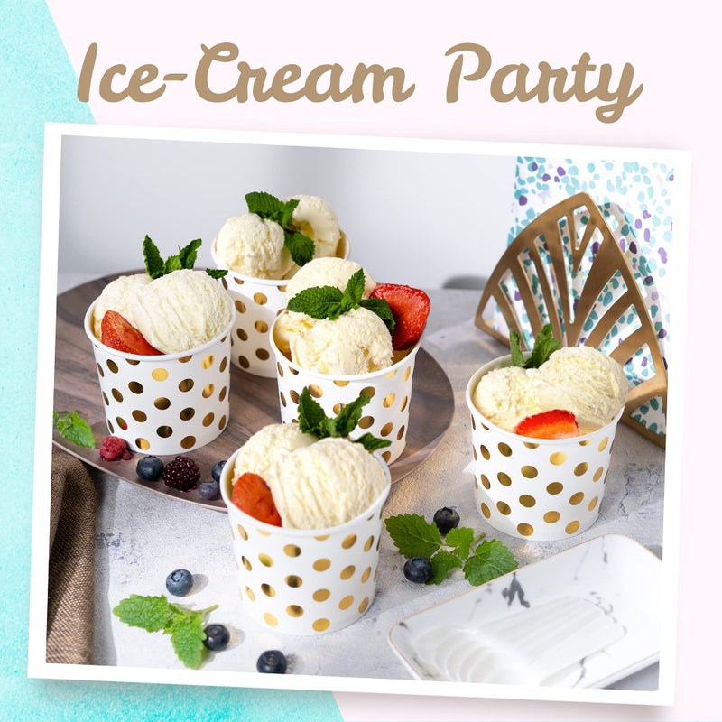 MATICAN Paper Ice Cream Cups - 50-Count 11-Oz Disposable Dessert Bowls for Hot or Cold Food, 11-Ounce Party Supplies Treat Cups for Sundae, Frozen Yogurt, Soup, Gold Foil Polka Dots - Image 2